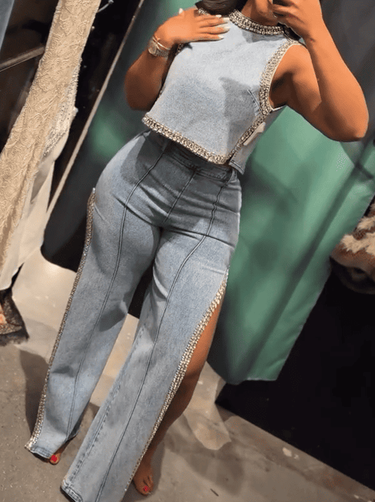Rhinestone denim suit