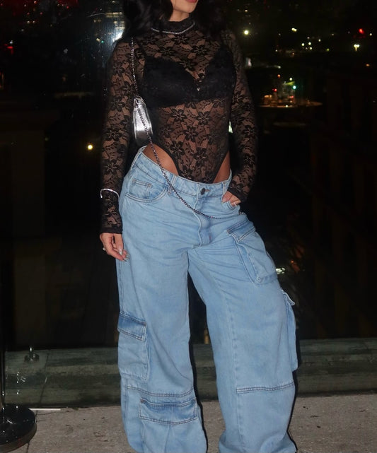 Lace Collar Sheer Long Sleeve Sexy Bodysuit