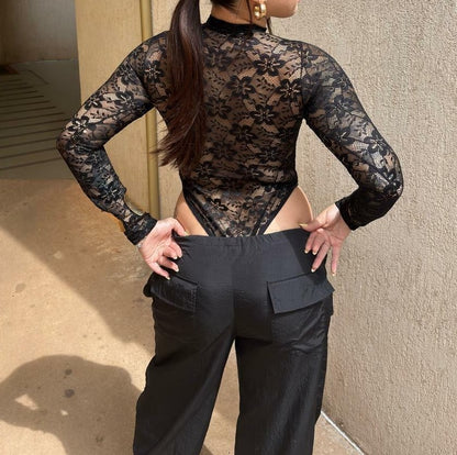 Lace Collar Sheer Long Sleeve Sexy Bodysuit