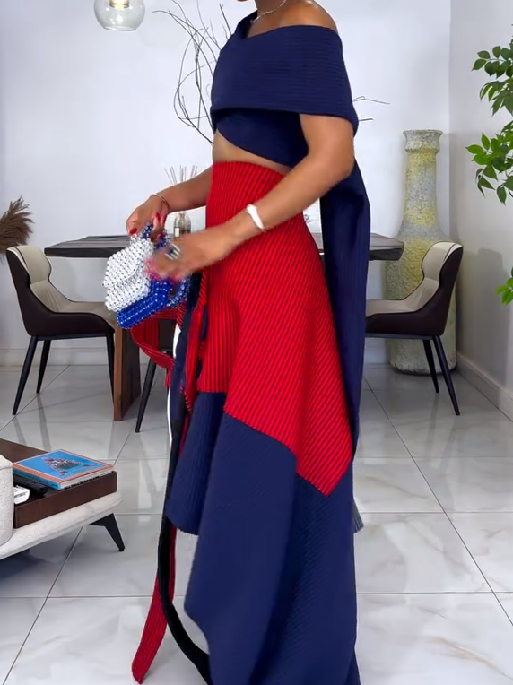 Fashionable knitted color-blocked top + skirt set