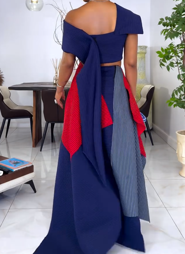 Fashionable knitted color-blocked top + skirt set