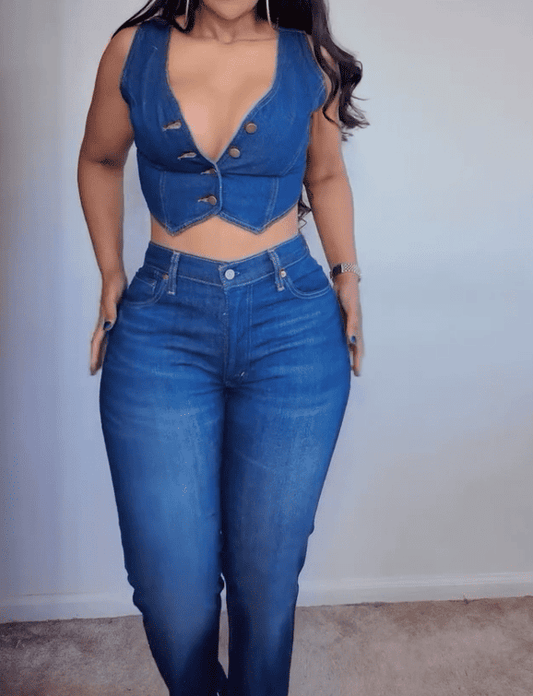 New Denim Sleeveless Jacket Trousers Set