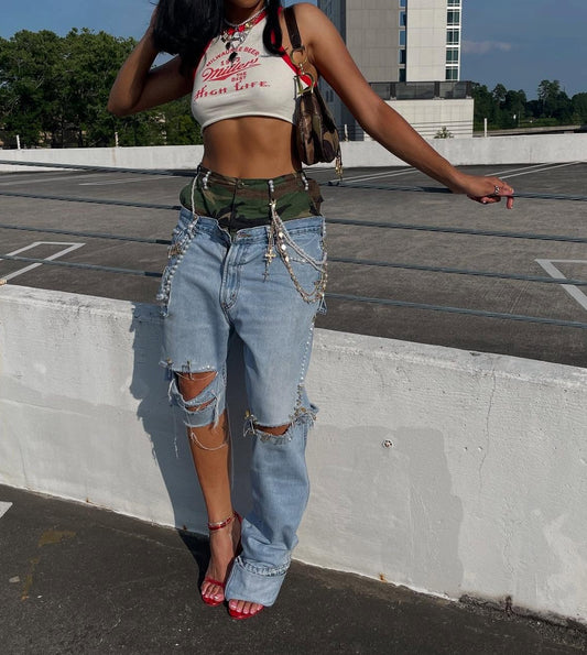 Camouflage Fake Two-Piece Irregular jeans