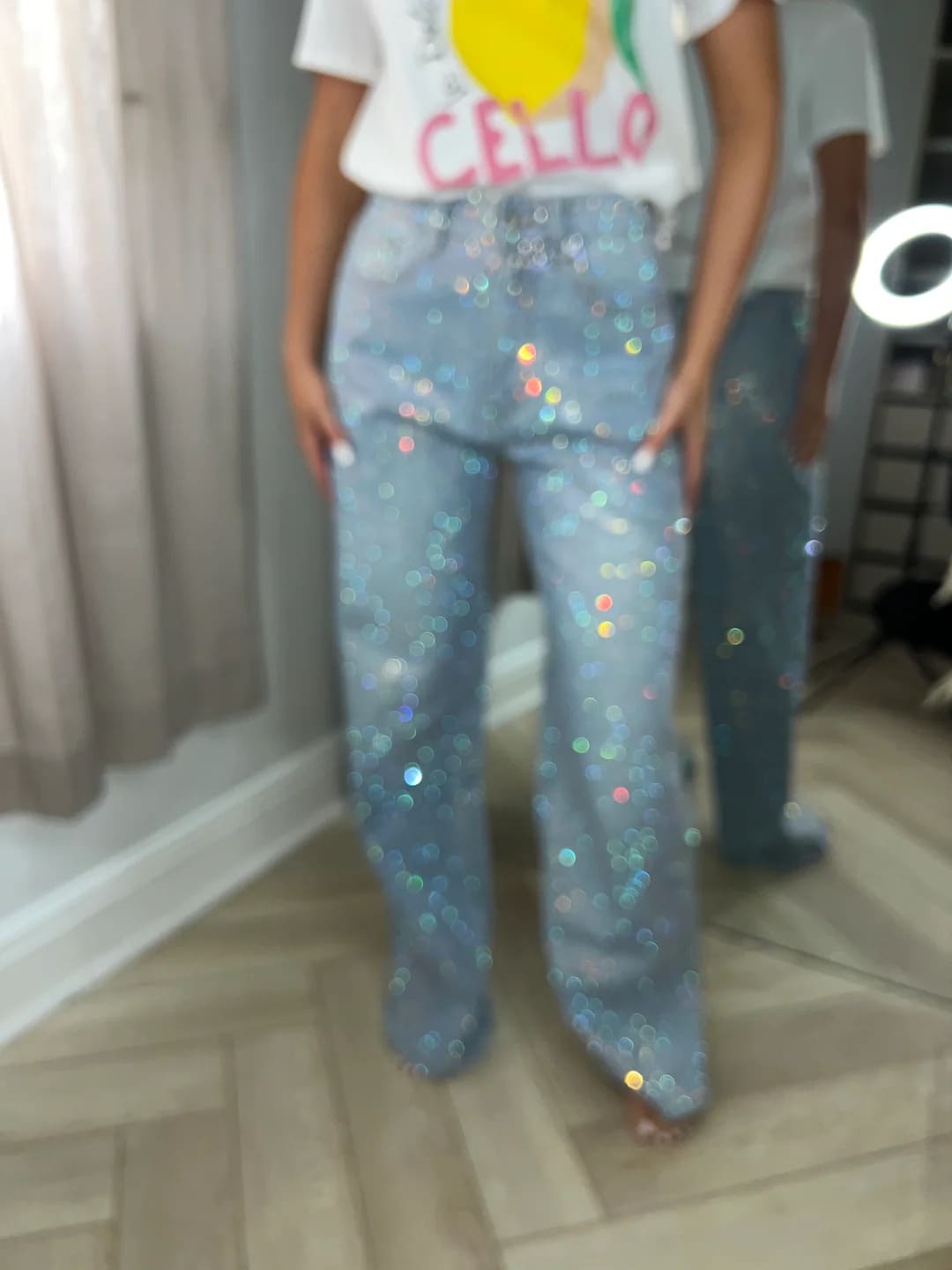 Rainbow Diamond Wide Leg Sparkle Covered Jeans