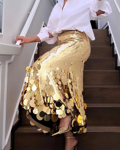 Low Waist Sequin Midi Skirt