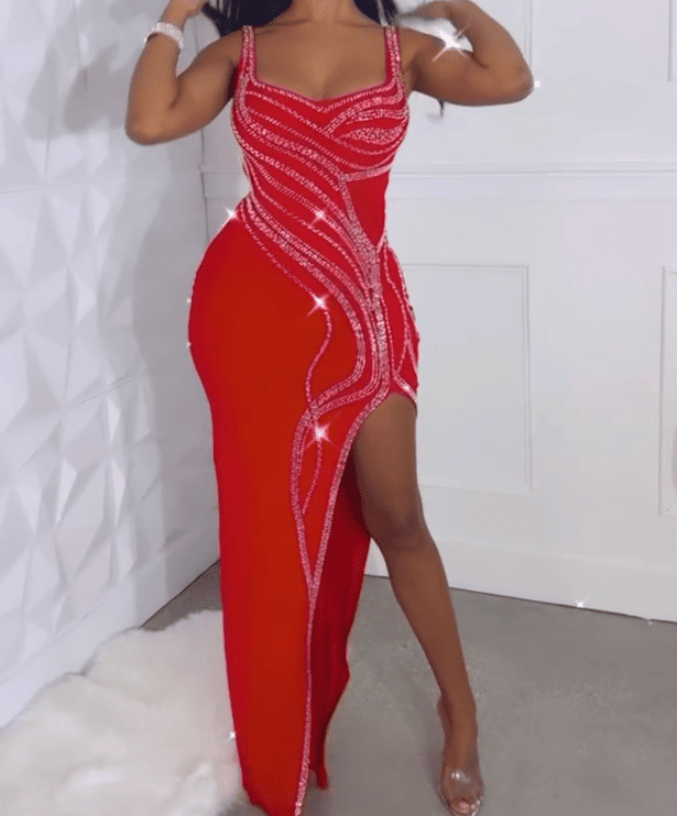 Rhinestone Decoration High Slit Dress