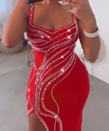 Rhinestone Decoration High Slit Dress