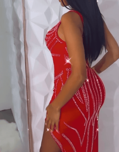 Rhinestone Decoration High Slit Dress