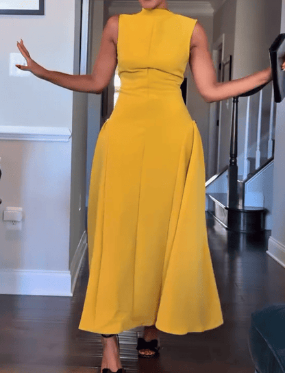 Black Sleeveless Metal Button Midi Dress