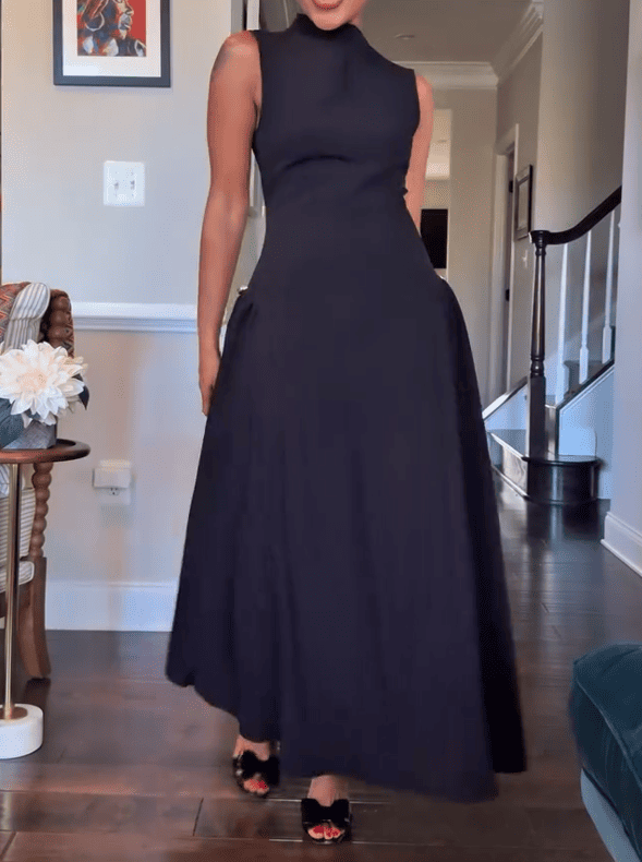 Black Sleeveless Metal Button Midi Dress