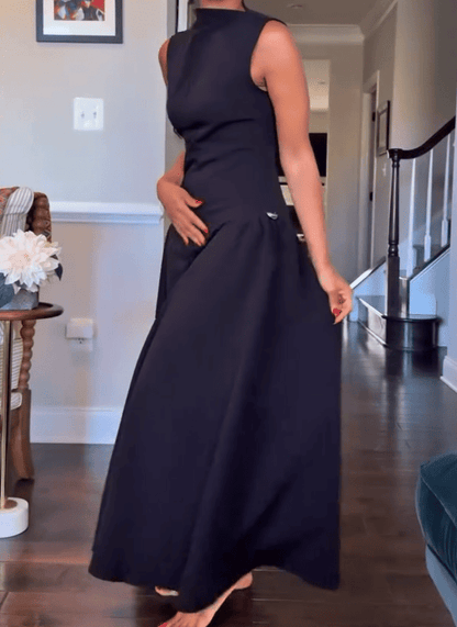 Black Sleeveless Metal Button Midi Dress