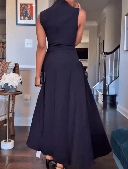 Black Sleeveless Metal Button Midi Dress