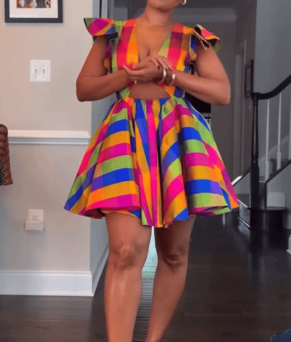 Rainbow Striped V-neck Dress