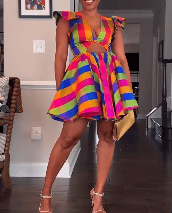 Rainbow Striped V-neck Dress
