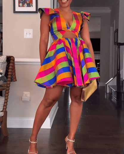 Rainbow Striped V-neck Dress
