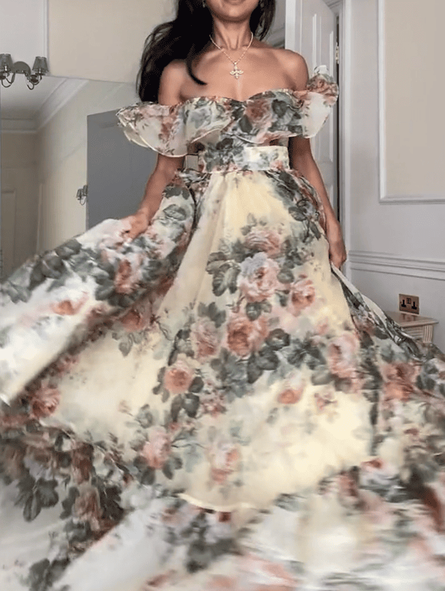 Castle Ballroom Tulle Floral Off Shoulder Ruffle Maxi Dress