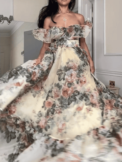 Castle Ballroom Tulle Floral Off Shoulder Ruffle Maxi Dress