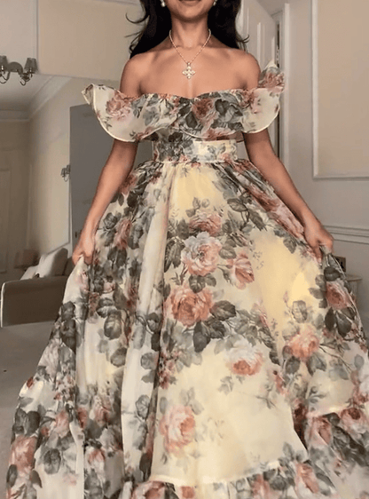 Castle Ballroom Tulle Floral Off Shoulder Ruffle Maxi Dress