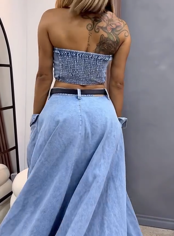 Denim tube top maxi skirt suit with zipper