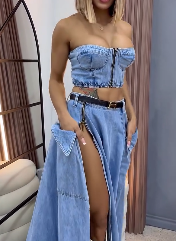 Denim tube top maxi skirt suit with zipper