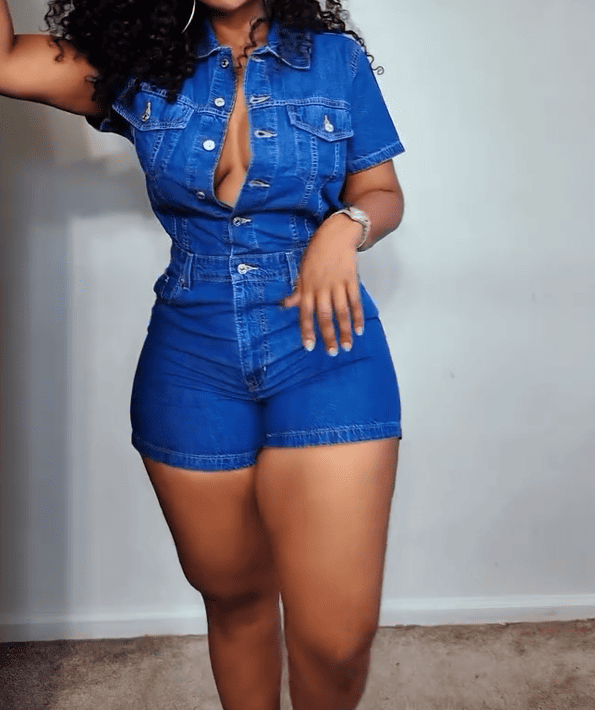 Blue Denim Single-Breasted Romper