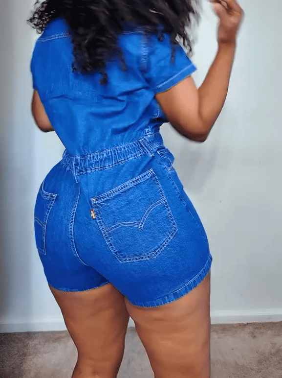 Blue Denim Single-Breasted Romper
