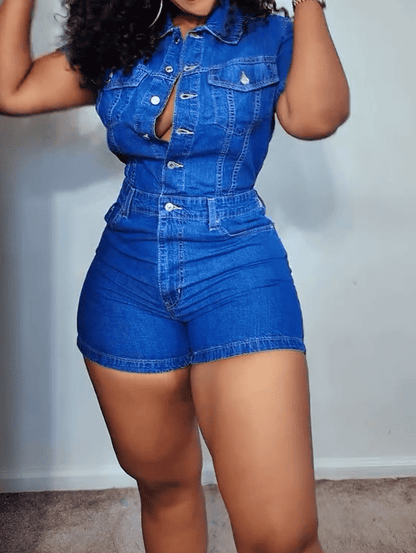 Blue Denim Single-Breasted Romper