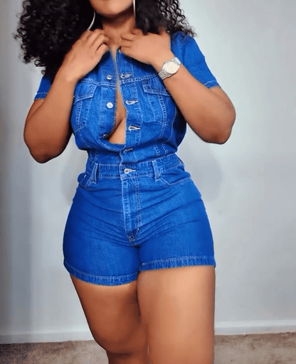 Blue Denim Single-Breasted Romper