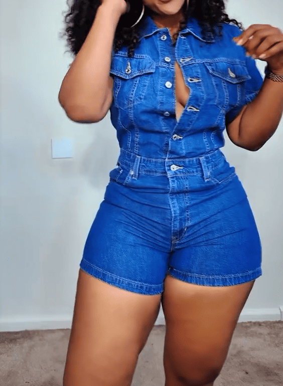 Blue Denim Single-Breasted Romper