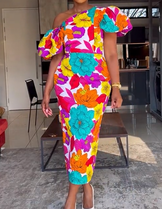 Colorful Bubble Sleeve Midi Dress