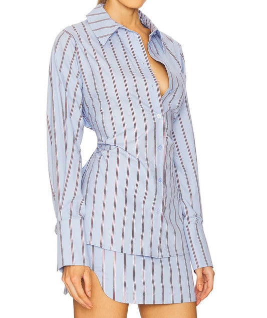 Striped Cotton Open Lapel Two Pieces Set
