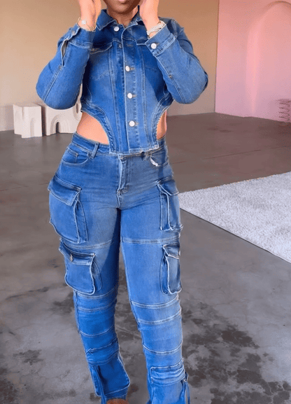 Wash Cut Out Waist Denim Set
