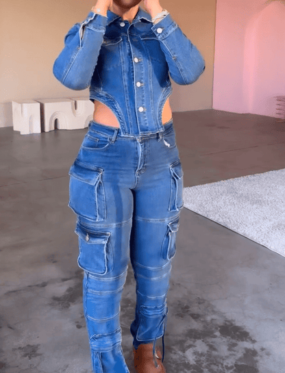 Wash Cut Out Waist Denim Set