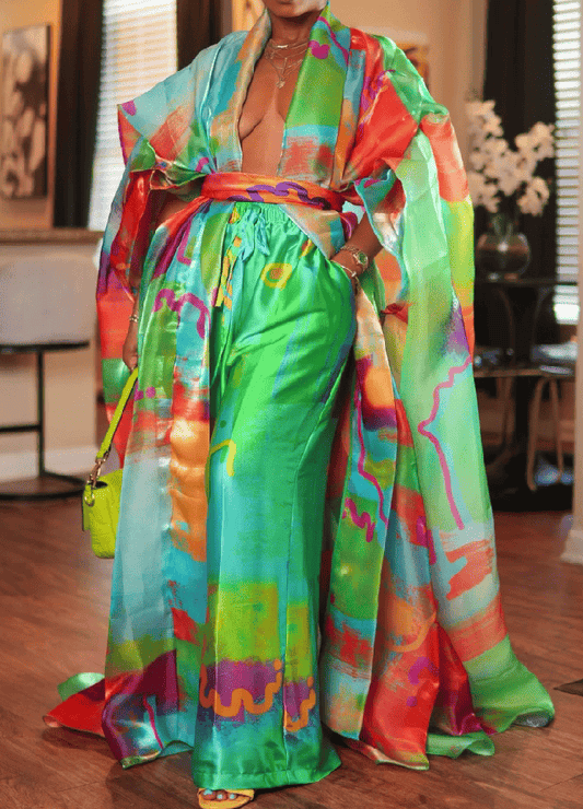 Colorful Oil Painting Silk Two-Piece Set