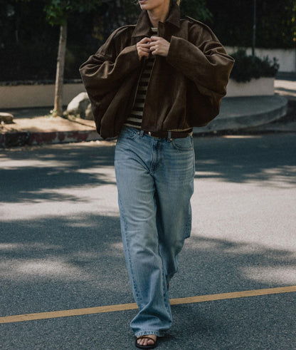 Suede Bomber Zipper Pilot Oversized Jacket