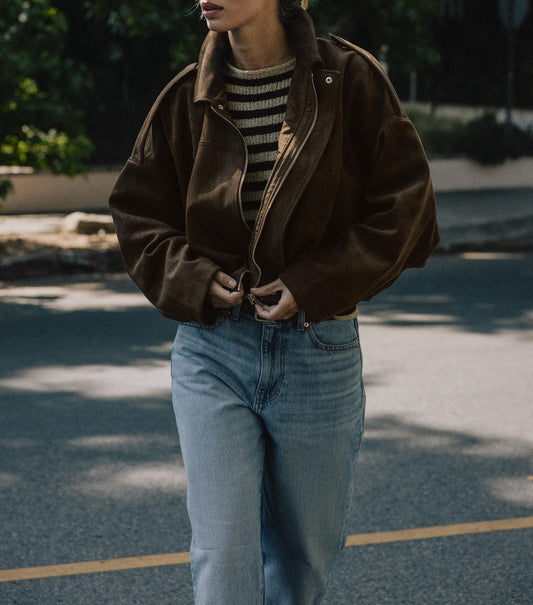 Suede Bomber Zipper Pilot Oversized Jacket