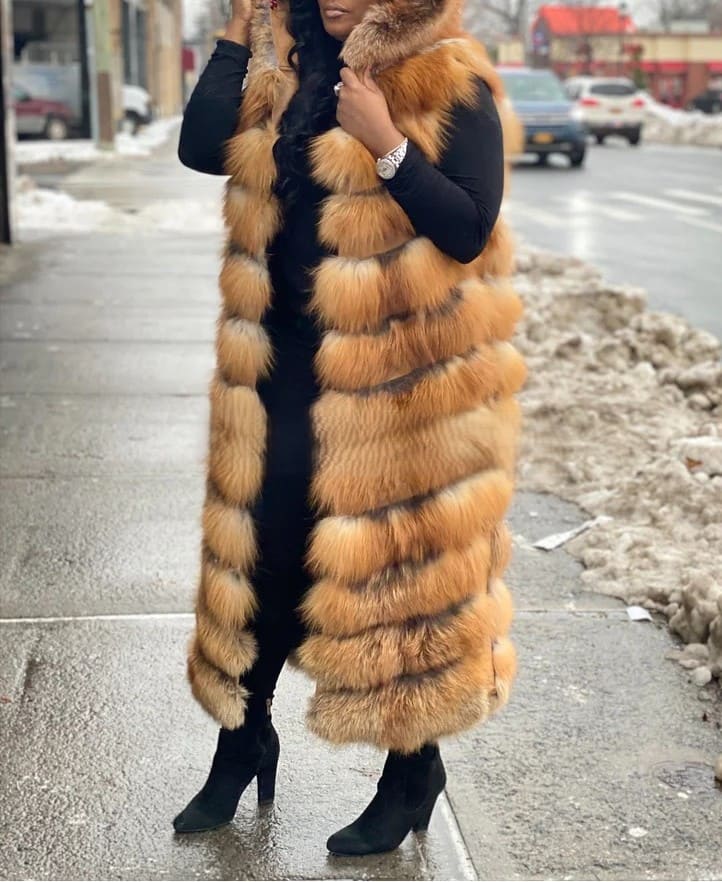 Long Red Fox Fur Vest With Hood（✔Free shipping）