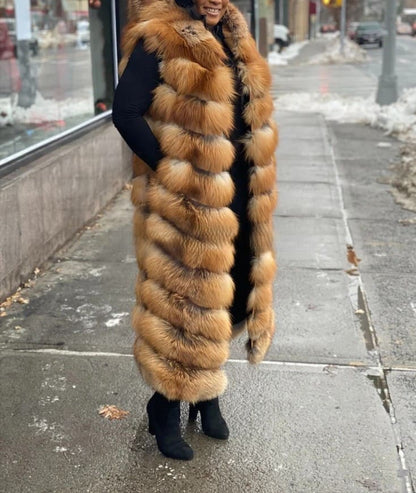 Long Red Fox Fur Vest With Hood（✔Free shipping）