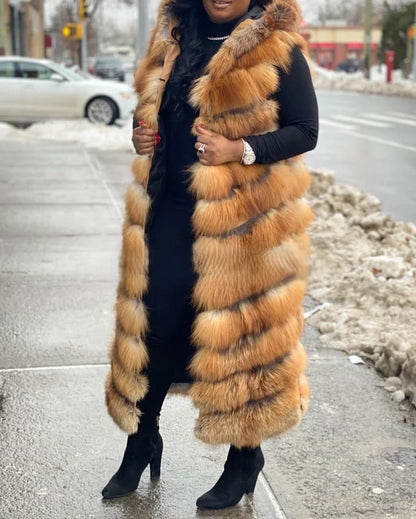 Long Red Fox Fur Vest With Hood（✔Free shipping）