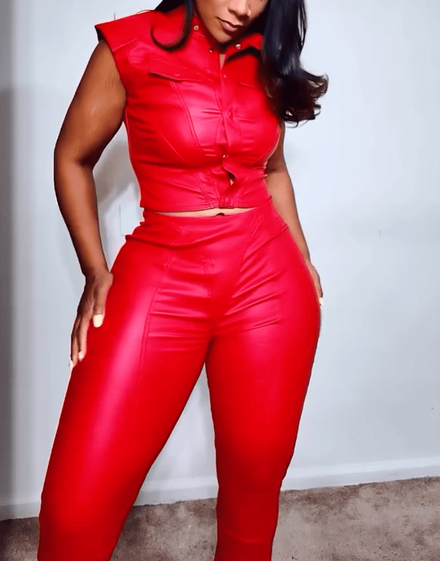 Faux Leather Sleeveless Jacket & Pants Set