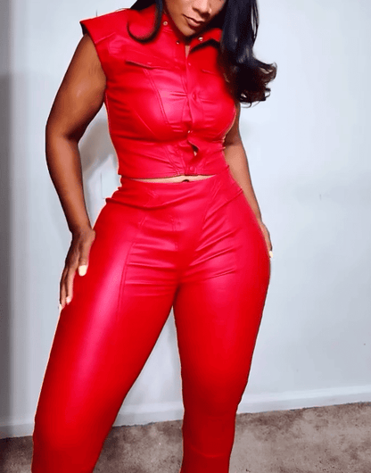 Faux Leather Sleeveless Jacket & Pants Set