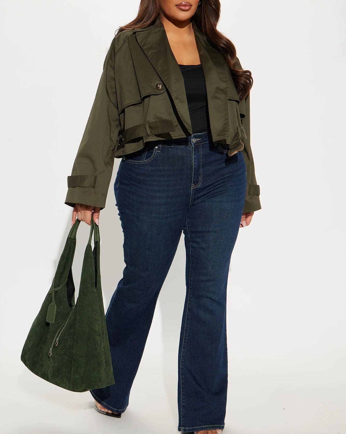 Stylish Olive - green Cropped Trench