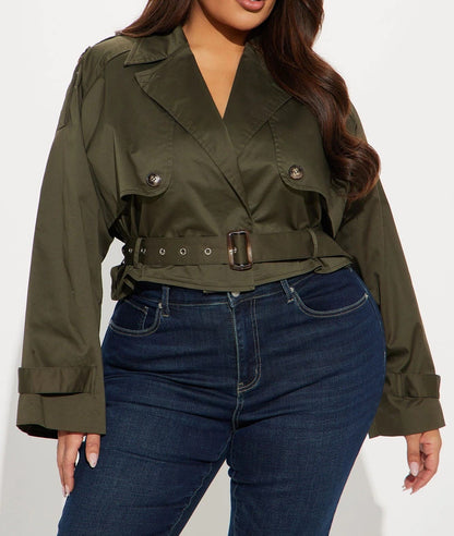 Stylish Olive - green Cropped Trench