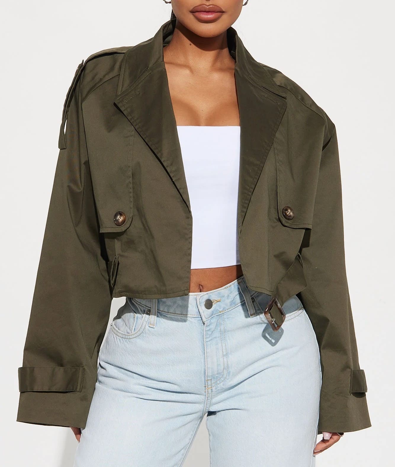 Stylish Olive - green Cropped Trench