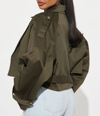 Stylish Olive - green Cropped Trench