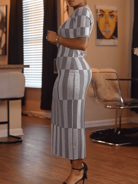Gray Checkered Short-Sleeve Wrap Dress