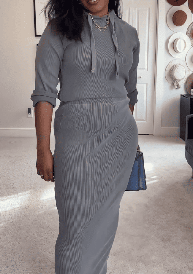 Gray Hoodie & Midi Skirt Set