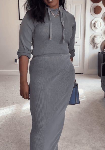 Gray Hoodie & Midi Skirt Set