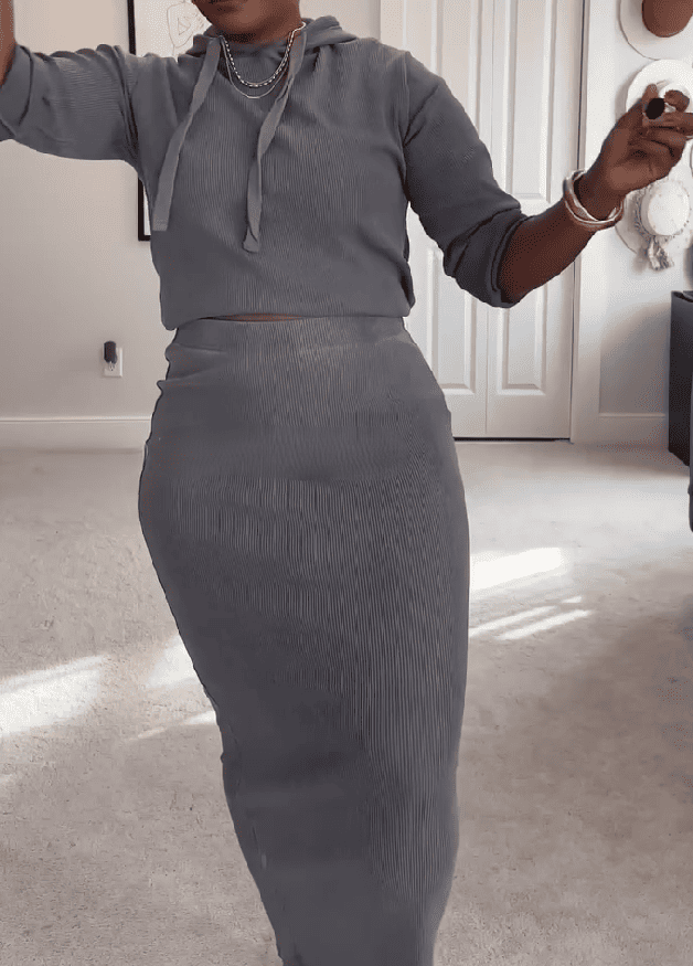 Gray Hoodie & Midi Skirt Set