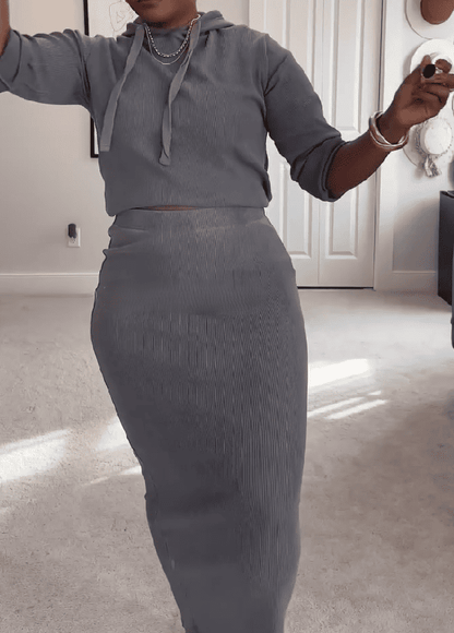 Gray Hoodie & Midi Skirt Set